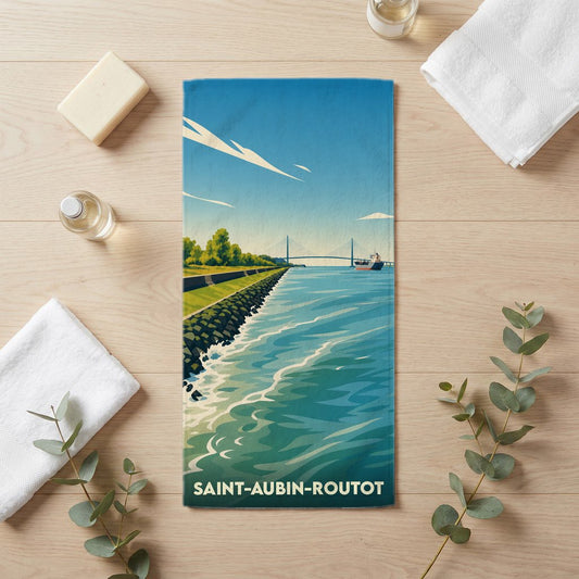 Serviette de bain souvenir de la ville de Saint-Aubin-Routot avec une illustration stylisée d'un paysage côtier.