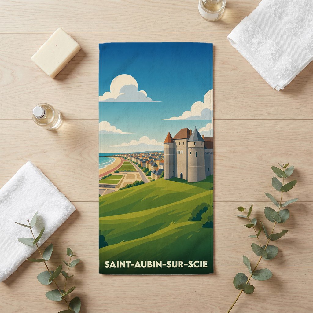 Serviette de bain souvenir de la ville de Saint-Aubin-sur-Scie avec une illustration stylisée.