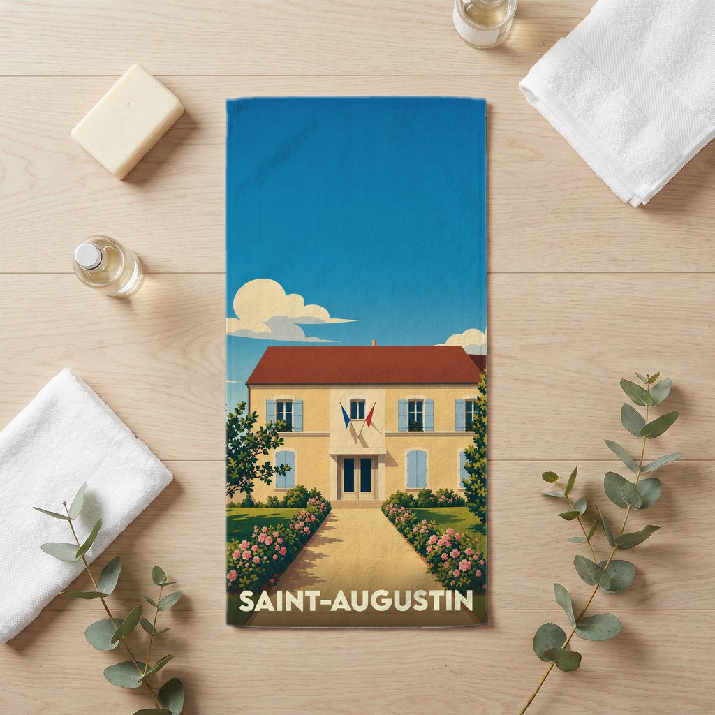 Serviette de bain souvenir de la ville de Saint-Augustin avec une illustration stylisée.