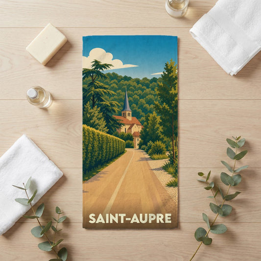 Serviette de bain souvenir de la ville de Saint-Aupre avec une illustration stylisée.
