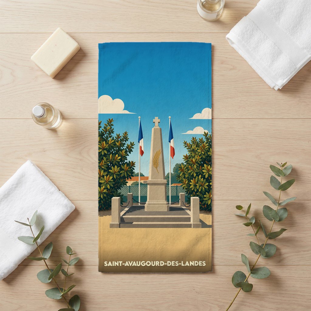 Serviette de bain souvenir de la ville de Saint-Avaugourd-des-Landes avec une illustration stylisée d'un monument aux morts.