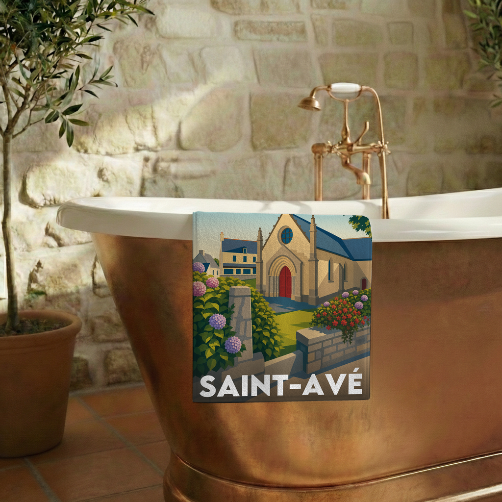 Serviette de bain souvenir de la ville de Saint-Avé avec une illustration stylisée.