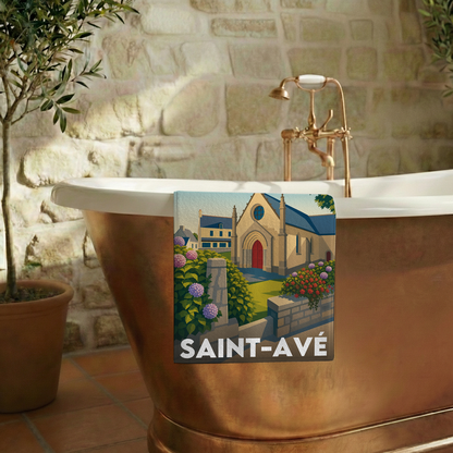 Serviette de bain souvenir de la ville de Saint-Avé avec une illustration stylisée.