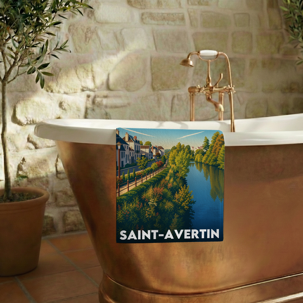 Serviette de bain souvenir de la ville de Saint-Avertin avec une illustration stylisée.