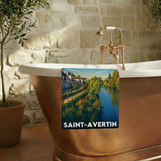 Serviette de bain souvenir de la ville de Saint-Avertin avec une illustration stylisée.