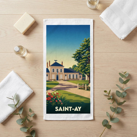 Serviette de bain souvenir de la ville de Saint-Ay avec une illustration stylisée.