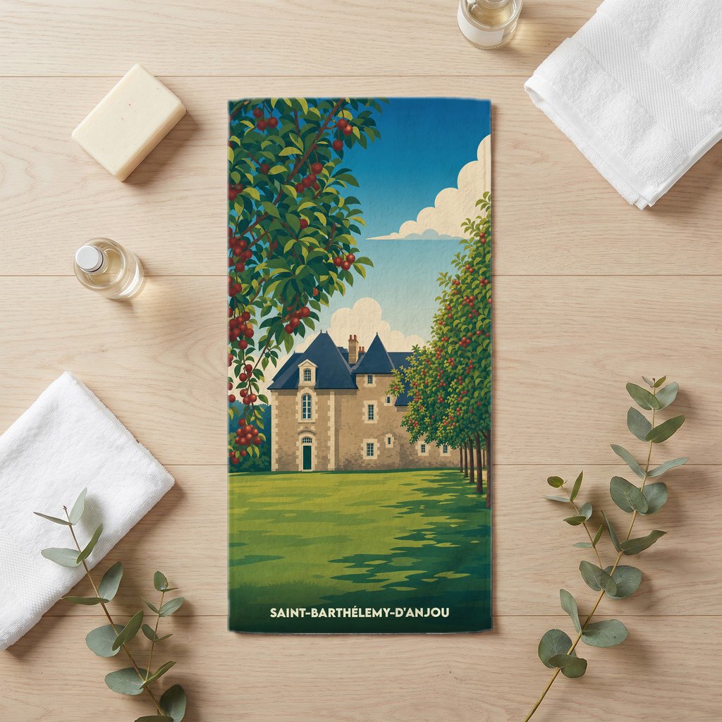 Serviette de bain souvenir de Saint-Barthélemy-d'Anjou avec une illustration stylisée d'un domaine arboré.