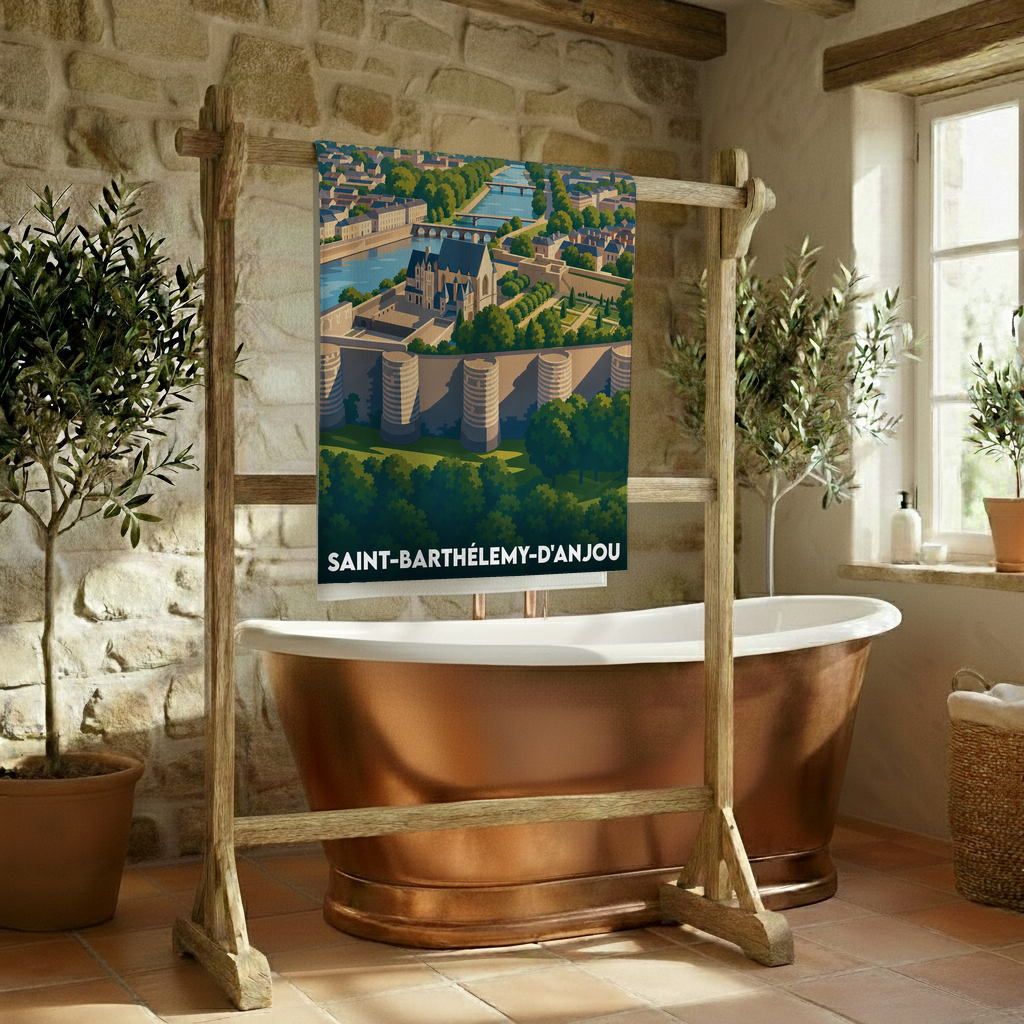 Serviette de bain souvenir de Saint-Barthélemy-d'Anjou avec une illustration stylisée de la ville et de son patrimoine.