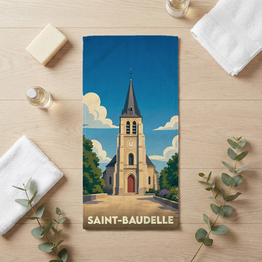 Serviette de bain souvenir de la ville de Saint-Baudelle illustrée d'une église de style vintage.