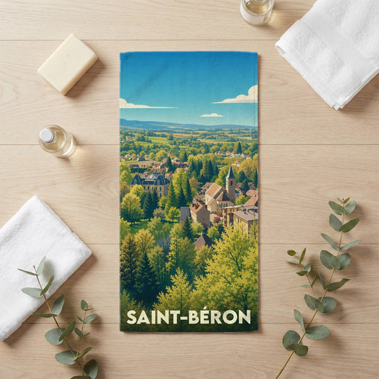 Serviette de bain souvenir de la ville de Saint-Béron avec une illustration stylisée d'un paysage verdoyant.