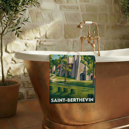 Serviette de bain souvenir de la ville de Saint-Berthevin avec une illustration stylisée d'un site historique local.