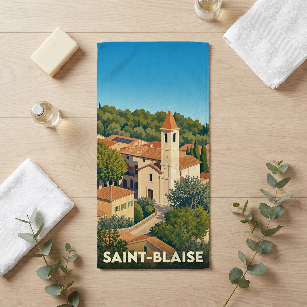 Serviette de bain souvenir de la ville de Saint-Blaise avec une illustration stylisée du village et de son église.