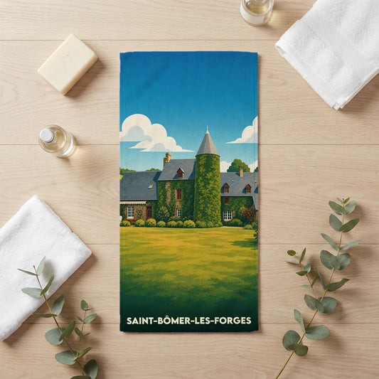 Serviette de bain souvenir de Saint-Bômer-les-Forges avec une illustration de manoir normand.