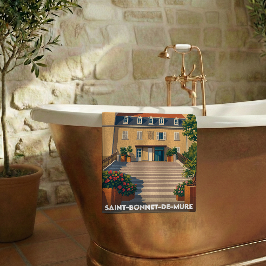 Serviette de bain souvenir de Saint-Bonnet-de-Mure illustrée d'une scène de ville pittoresque.