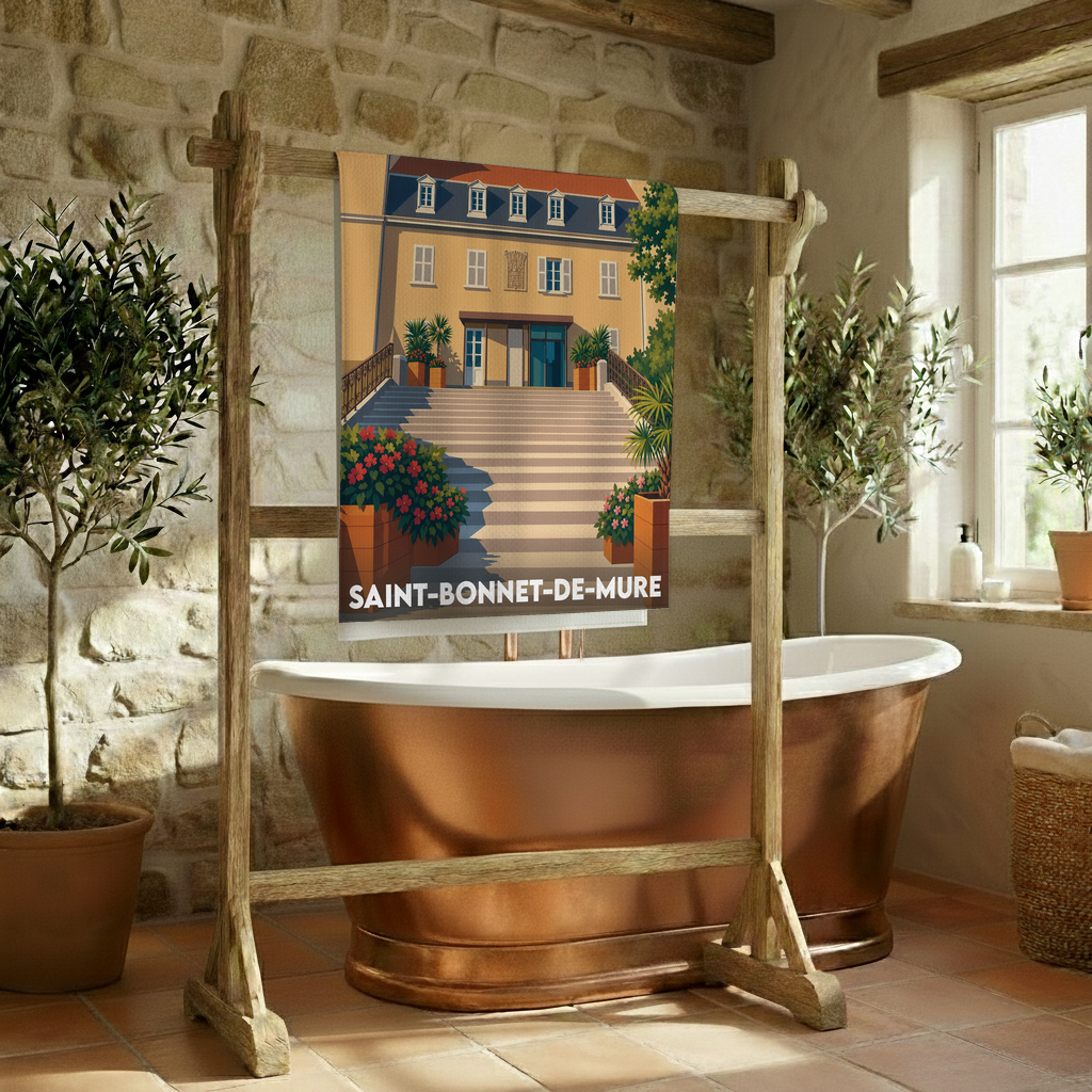 Serviette de bain souvenir de la ville de Saint-Bonnet-de-Mure avec une illustration stylisée.