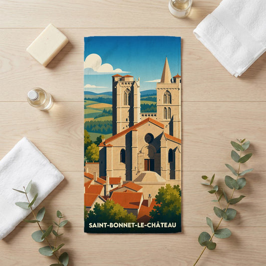 Serviette de bain souvenir de la ville de Saint-Bonnet-le-Château avec une illustration stylisée de sa collégiale.