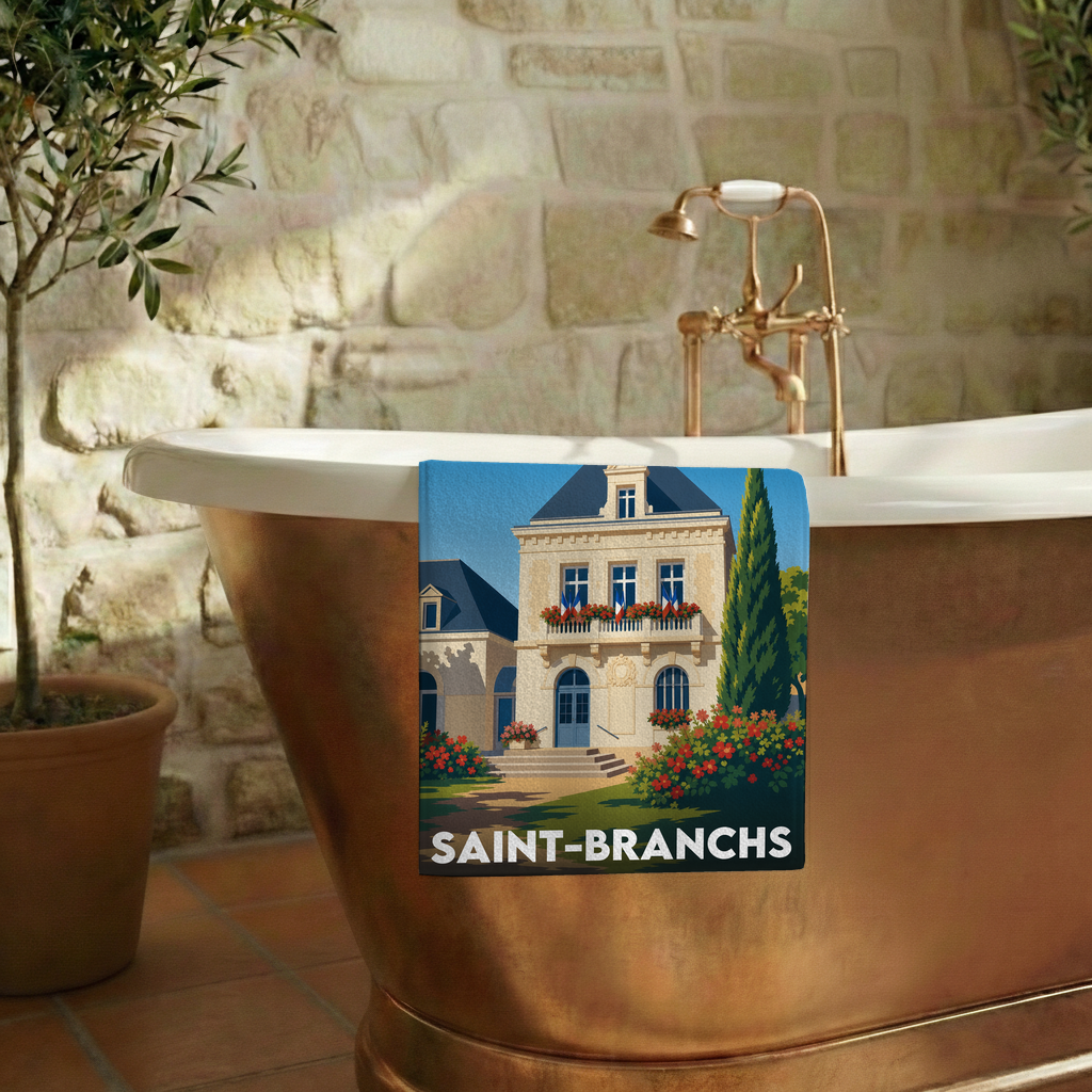 Serviette de bain souvenir de la ville de Saint-Branchs avec une illustration stylisée.