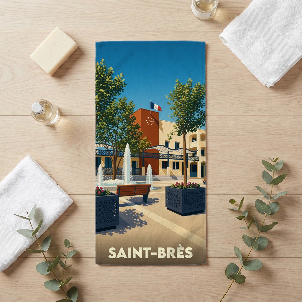 Serviette de bain souvenir de la ville de Saint-Brès avec une illustration stylisée.