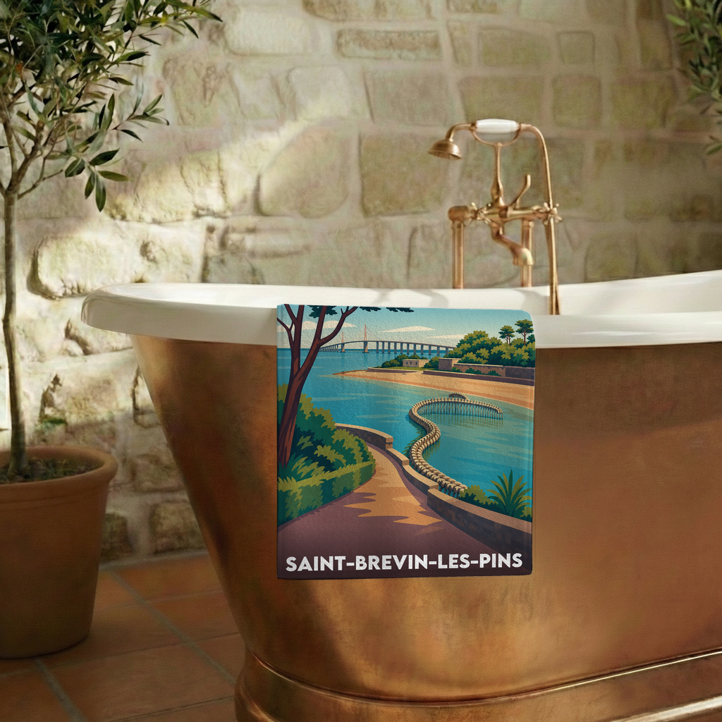 Serviette de bain souvenir de la ville de Saint-Brevin-les-Pins avec une illustration stylisée du littoral.