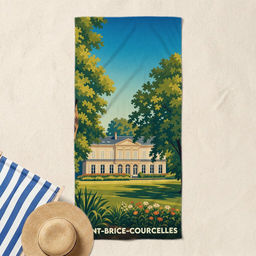 Serviette de bain souvenir de Saint-Brice-Courcelles avec une illustration stylisée d'un château entouré de verdure.