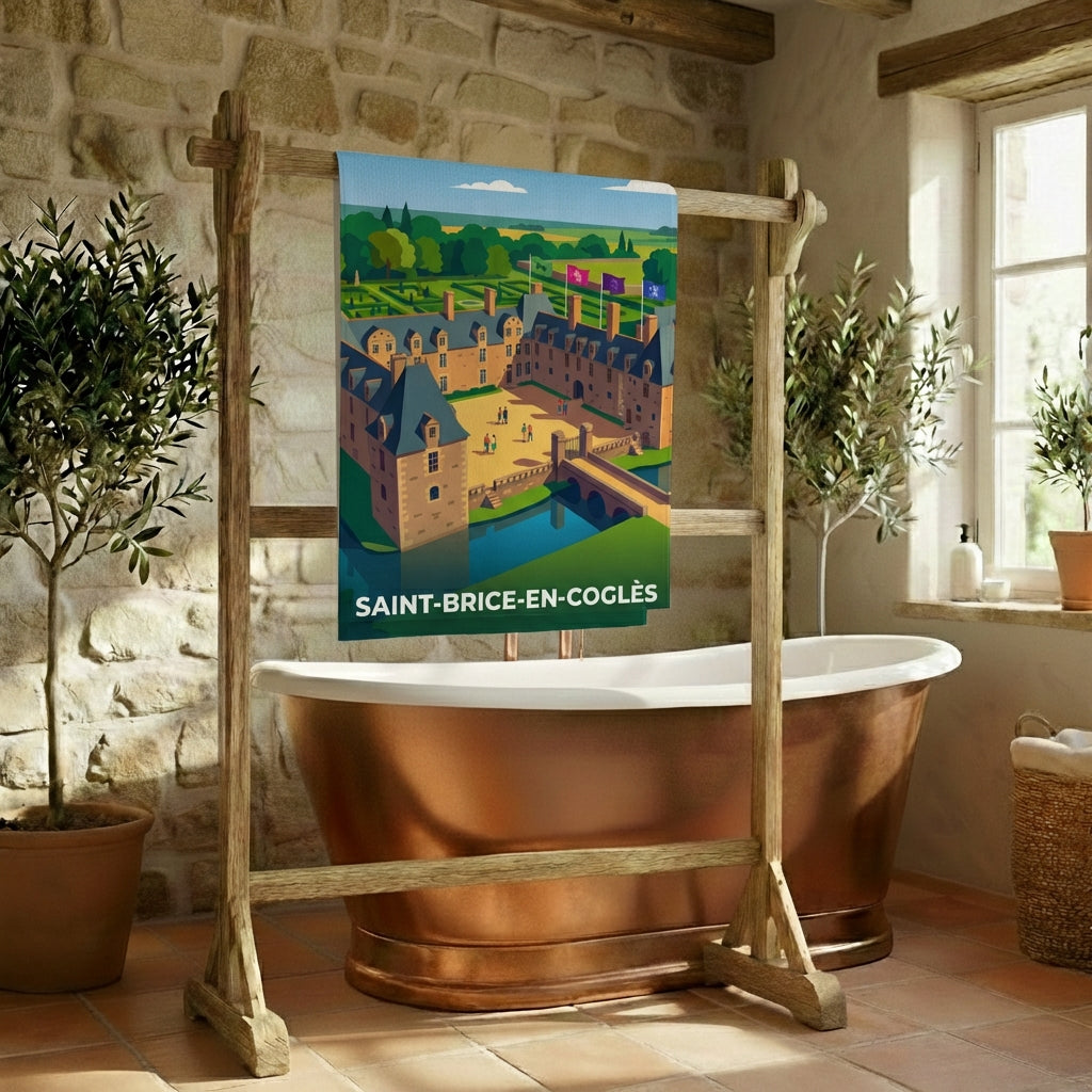 Serviette de bain souvenir de la ville de Saint-Brice-en-Coglès avec une illustration stylisée.