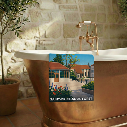 Serviette de bain souvenir de la ville de Saint-Brice-sous-Forêt avec une illustration stylisée.