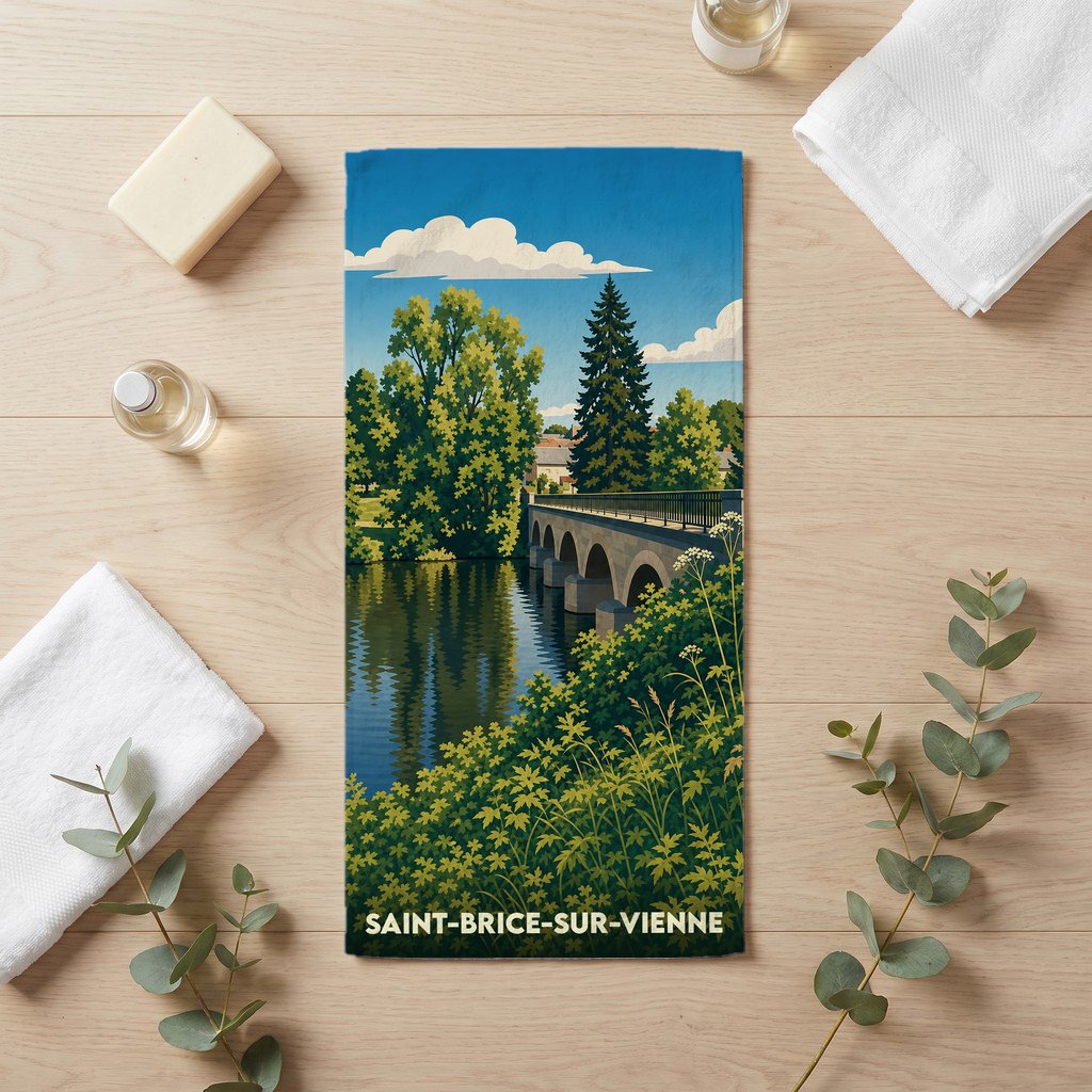 Serviette de bain souvenir de Saint-Brice-sur-Vienne illustrée d'un pont en pierre traversant la rivière.