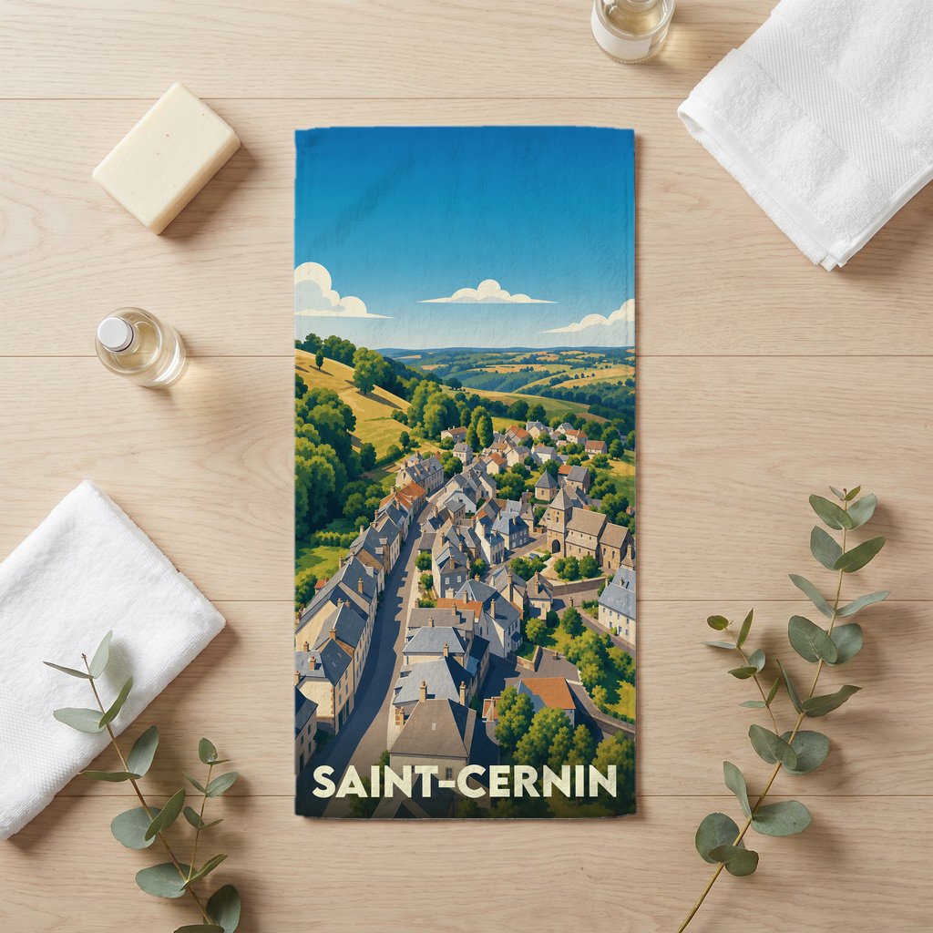 Serviette de bain souvenir de la ville de Saint-Cernin avec une illustration stylisée.