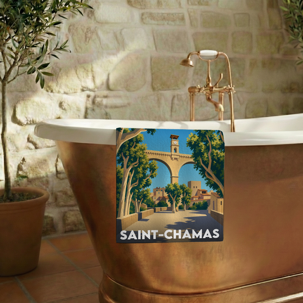 Serviette de bain souvenir de la ville de Saint-Chamas avec une illustration stylisée.