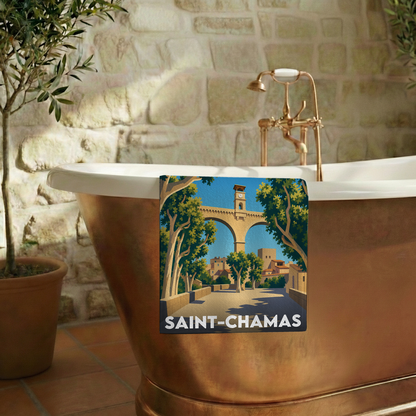 Serviette de bain souvenir de la ville de Saint-Chamas avec une illustration stylisée.