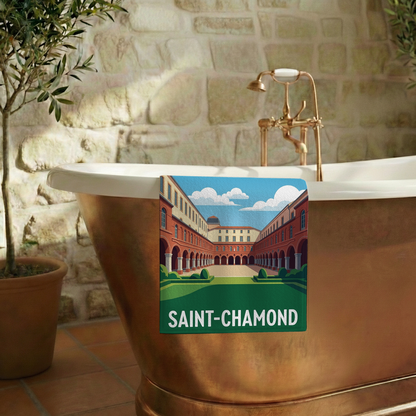 Serviette de bain souvenir de la ville de Saint-Chamond avec une illustration stylisée.