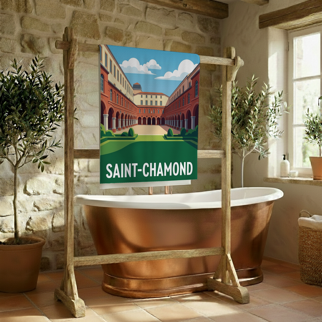 Serviette de bain souvenir de la ville de Saint-Chamond avec une illustration stylisée.