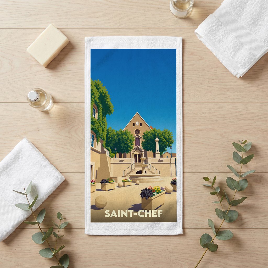 Serviette de bain souvenir de la ville de Saint-Chef avec une illustration stylisée.