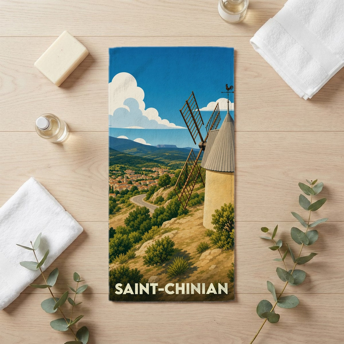 Serviette de bain 30 cm x 60 cm souvenir de Saint-Chinian