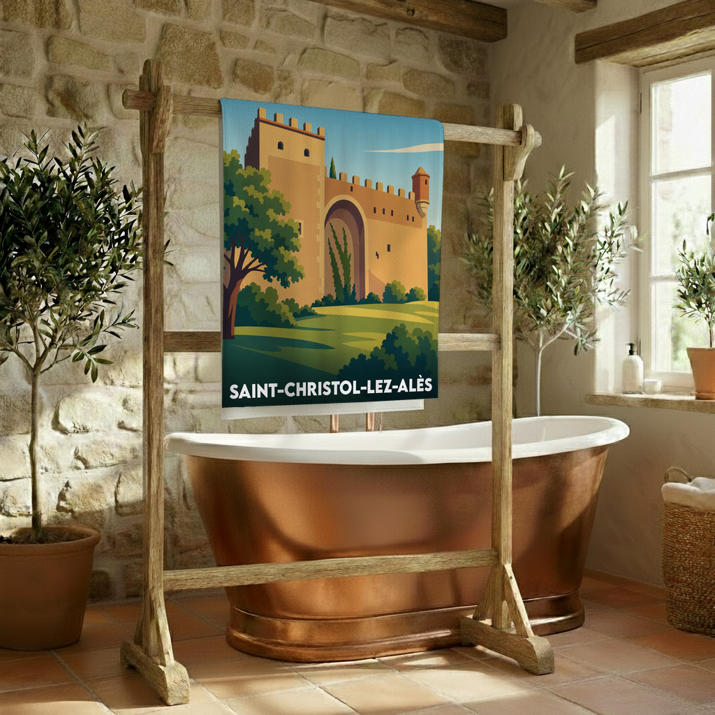 Serviette de bain souvenir de la ville de Saint-Christol-lez-Alès avec une illustration stylisée de son patrimoine.