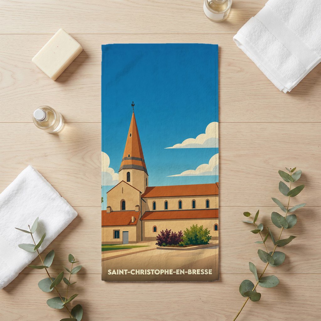 Serviette de bain souvenir de Saint-Christophe-en-Bresse illustrée d'une église de style rétro.