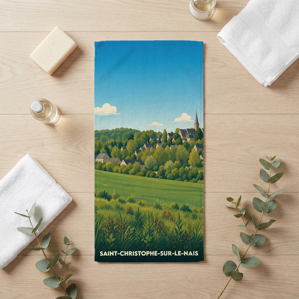 Serviette de bain souvenir de Saint-Christophe-sur-le-Nais illustrant un paysage de village vallonné.