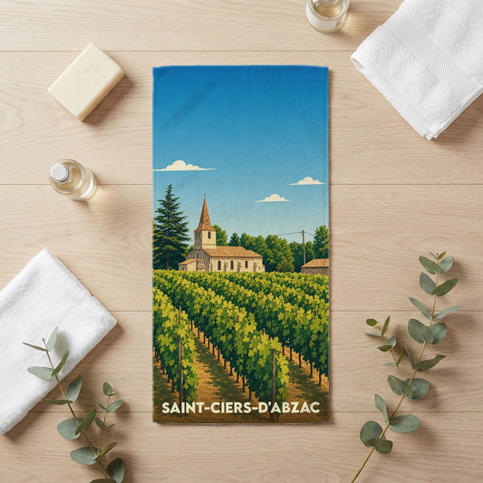 Serviette de bain souvenir de Saint-Ciers-d'Abzac avec une illustration de vignobles et de son église.