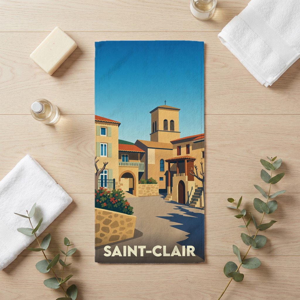 Serviette de bain souvenir de la ville de Saint-Clair avec une illustration stylisée.