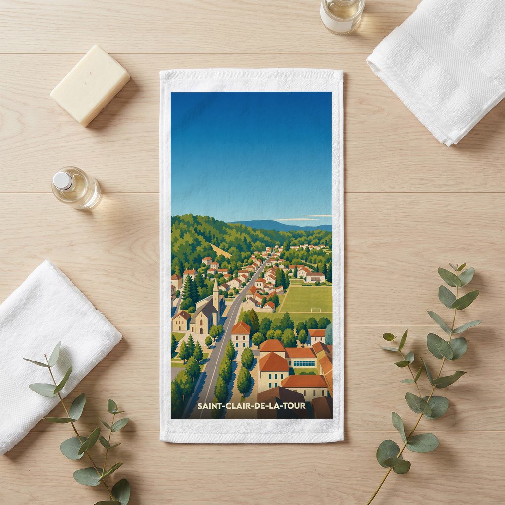 Serviette de bain souvenir de Saint-Clair-de-la-Tour avec une illustration stylisée de la ville.