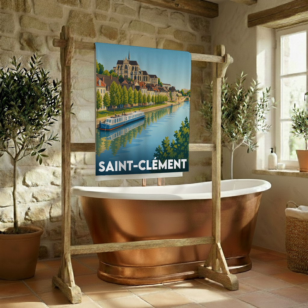 Serviette de bain souvenir de la ville de Saint-Clément avec une illustration stylisée.