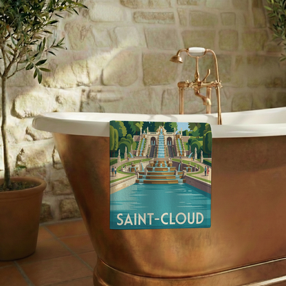 Serviette de bain souvenir de la ville de Saint-Cloud avec une illustration stylisée de sa grande cascade.