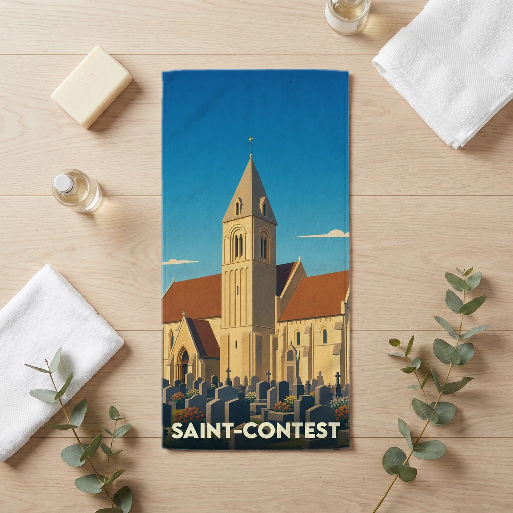 Serviette de bain souvenir de la ville de Saint-Contest avec une illustration stylisée de son église et de son cimetière.