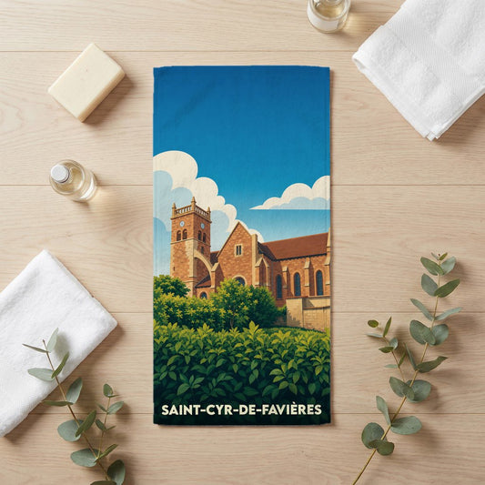 Serviette de bain souvenir de Saint-Cyr-de-Favières illustrant son église dans un style graphique épuré.