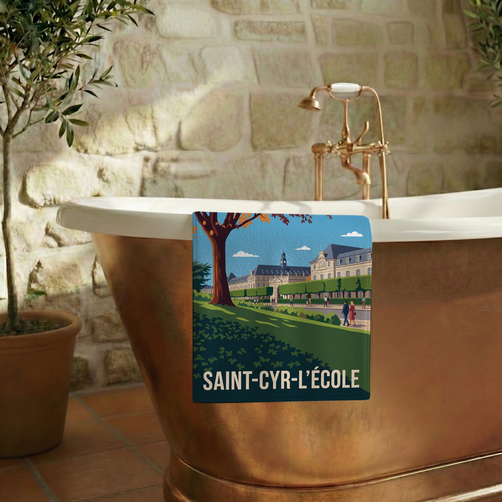 Serviette de bain souvenir de la ville de Saint-Cyr-l'École avec une illustration stylisée.