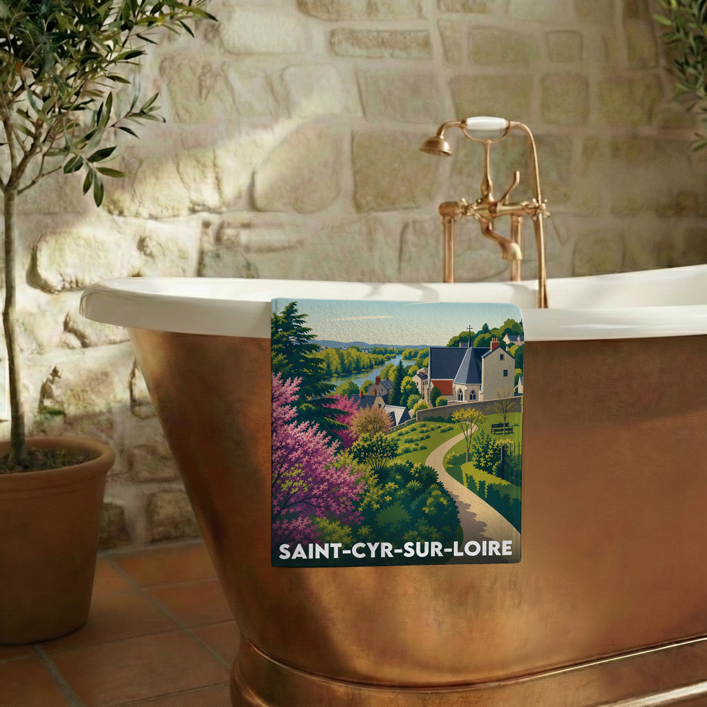 Serviette de bain souvenir de la ville de Saint-Cyr-sur-Loire avec une illustration stylisée.
