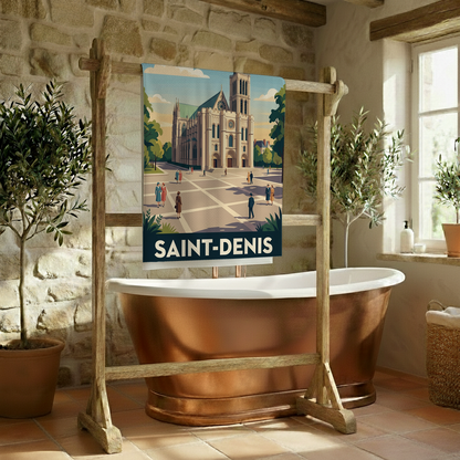 Serviette de bain souvenir de la ville de Saint-Denis avec une illustration stylisée de sa basilique.