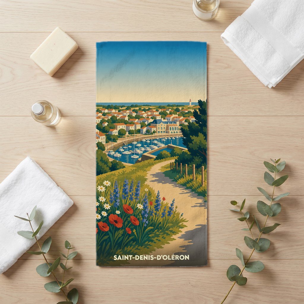 Serviette de bain souvenir de la ville de Saint-Denis-d'Oléron avec une illustration stylisée d'un paysage côtier.
