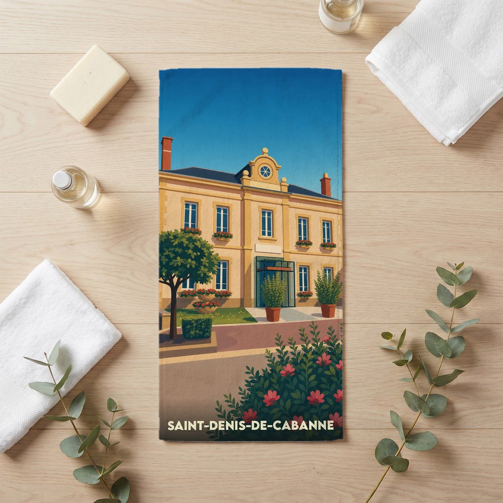Serviette de bain souvenir de Saint-Denis-de-Cabanne avec une illustration stylisée de la mairie.