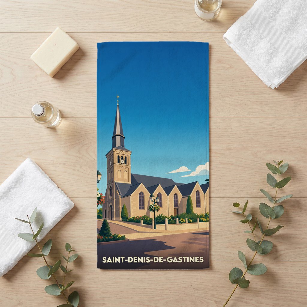 Serviette de bain souvenir de Saint-Denis-de-Gastines illustrant son église avec un style graphique épuré.